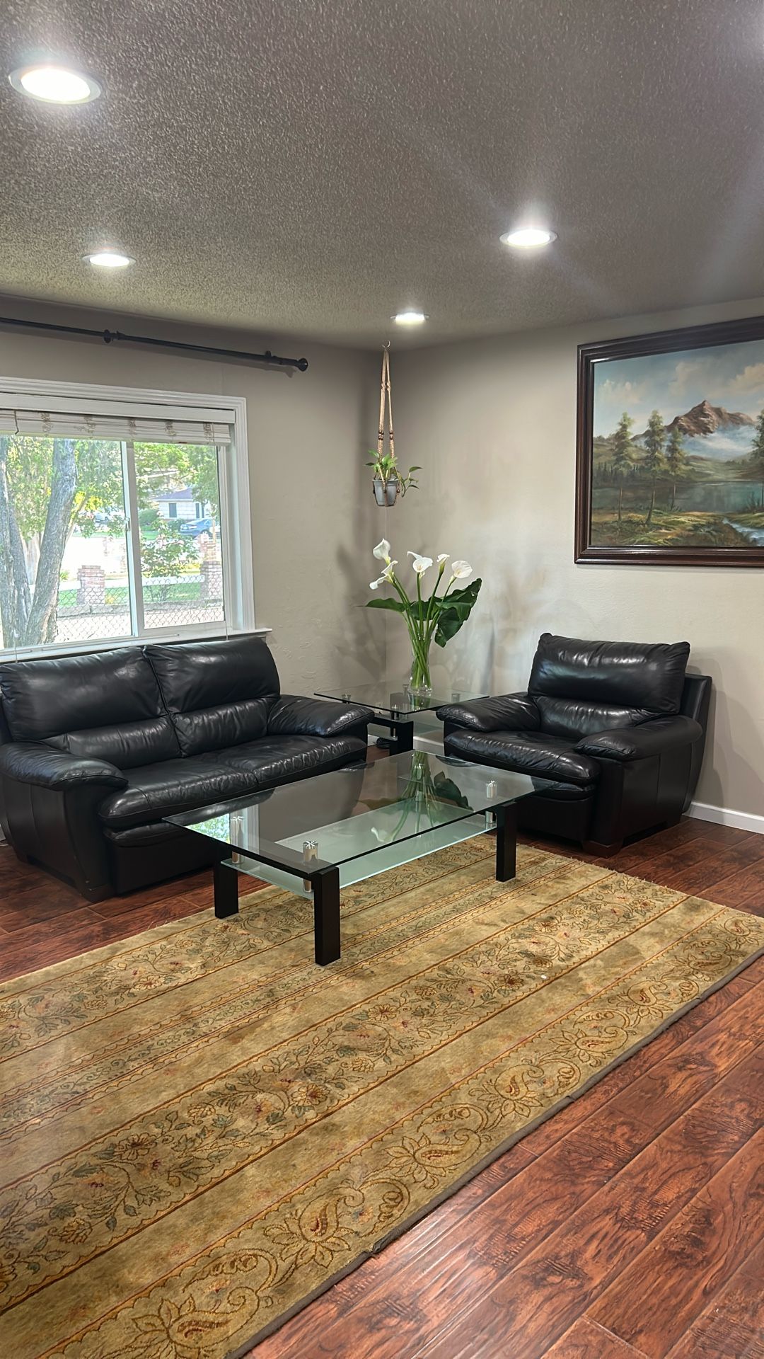 Two Brown Leather Couches And Two Glass Tables Living Room Set from Scandinavian Design
