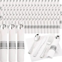 Supernal 114 pack Silver Plastic Silverware,Rolled Plastic Silverware,Pre Rolled Napkins With Cutlery Set,Wrapped Disposable Cutlery Set With Napkin P
