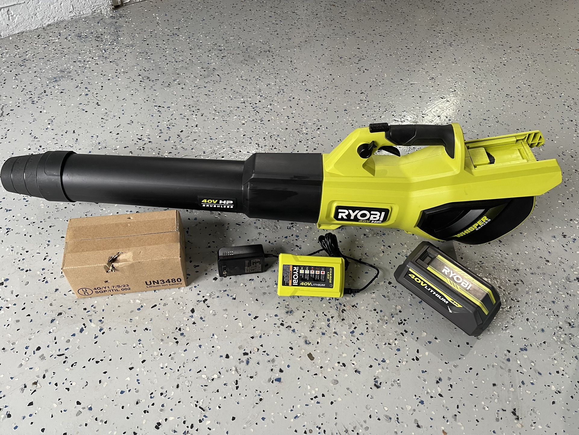 Leaf Blower - Ryobi 40V Whisper HP Brushless 190 MPH 730 CFM Cordless Battery Jet Fan Leaf Blower + 40V 4Ah Battery + Charger + Unopened Battery