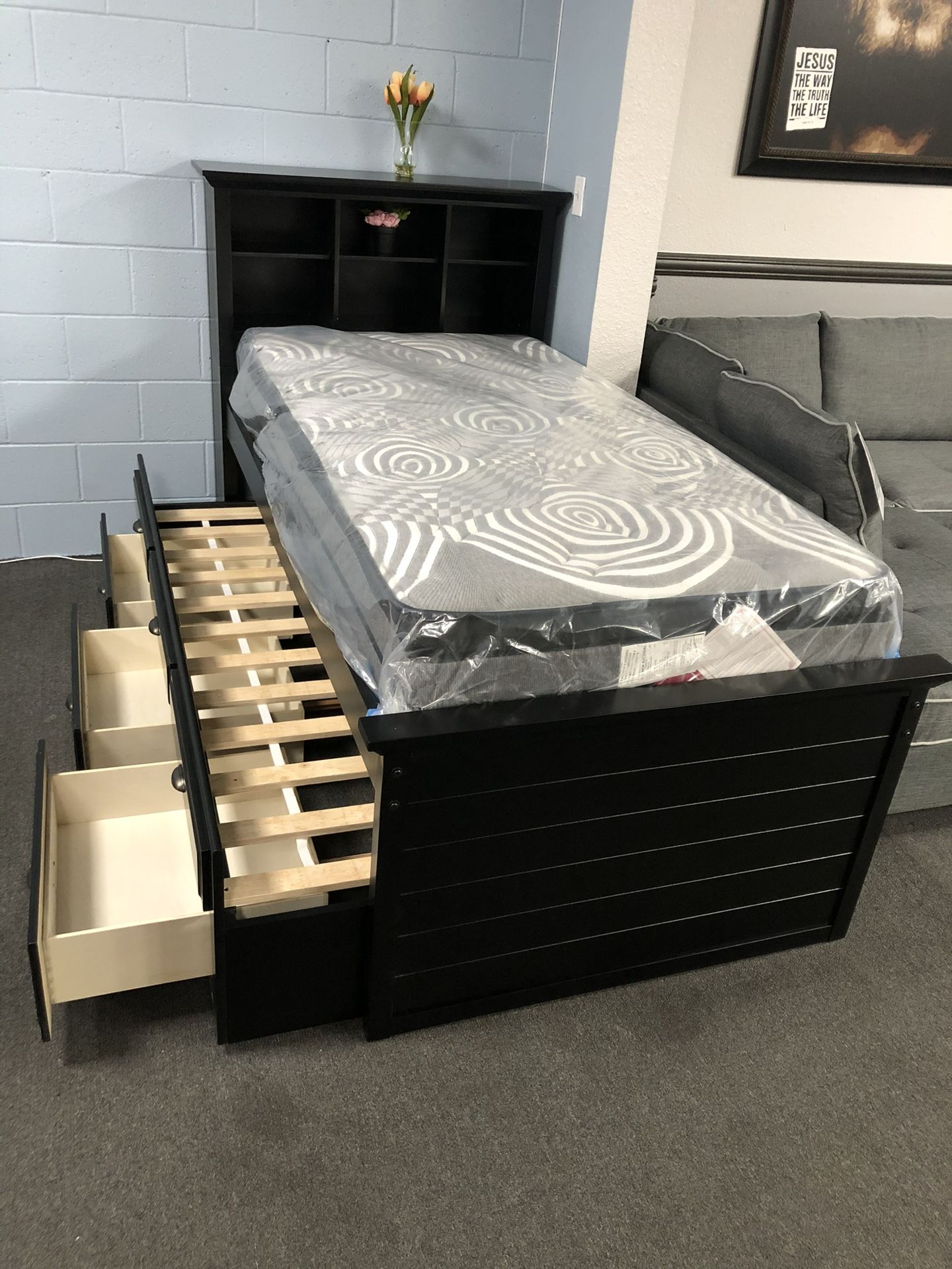 Black Twin Bed W/ Trundle & Storage Drawers