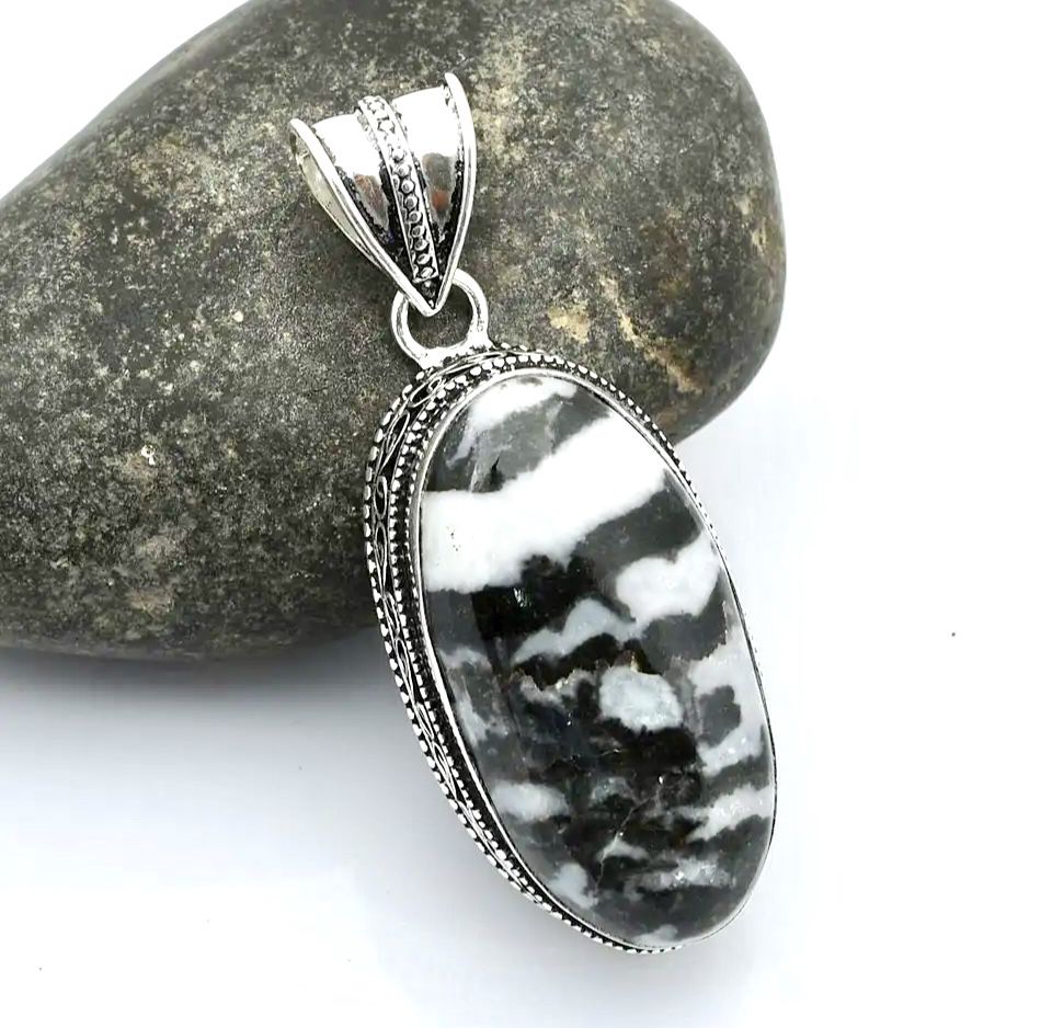 Black & White Buffalo Turquoise Natural Gemstone Sterling Silver 2” Pendant