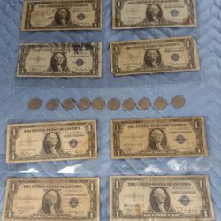 8 Billetes Sello Azul  Y 10 Monedas De 5 Centavos 