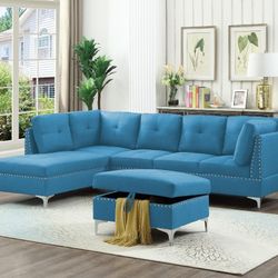 Blue Sectional W/ Ottoman 