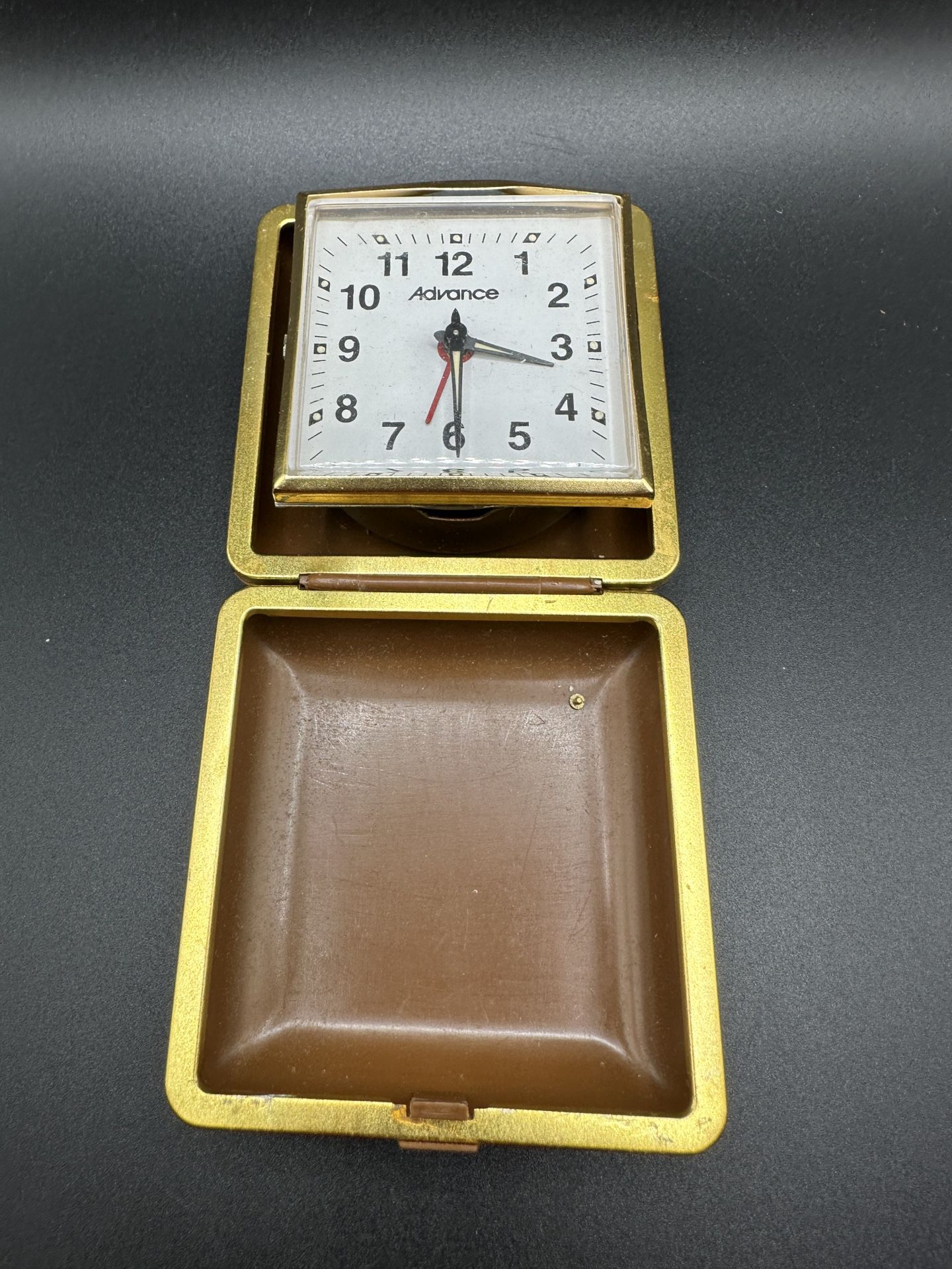 Vintage Advance Folding Small Travel Alarm Clock Brown Case