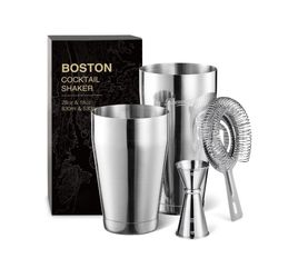 KITESSENSU Boston Cocktail Shaker Set, 4-Piece Boston Shaker Tins Bartender Kit with 18oz & 28oz Mixed Drink Shaker, Hawthorne Strainer, Double Measur