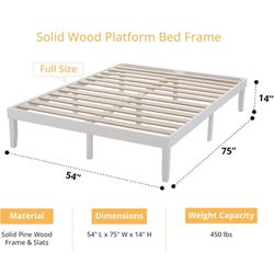 White Solid Wood Pine Full Size Bed Frame And Mattress. No Box spring Needed 