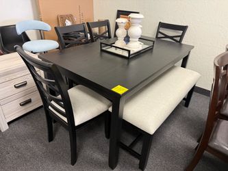 Black Dining Table Set with Chairs and Bench