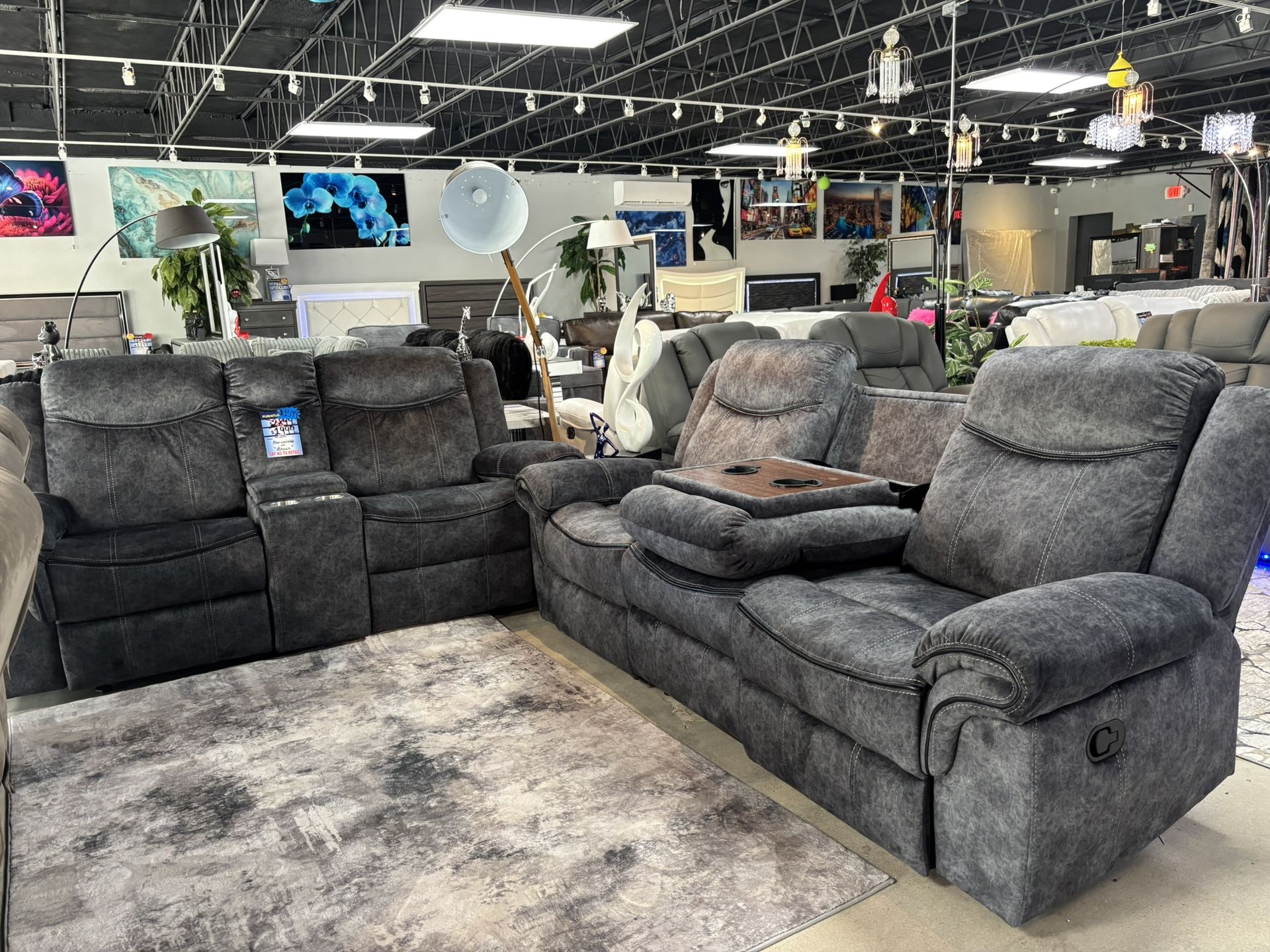 2 Pc Microfiber Reclining Sofa And Love With Drop Down Console