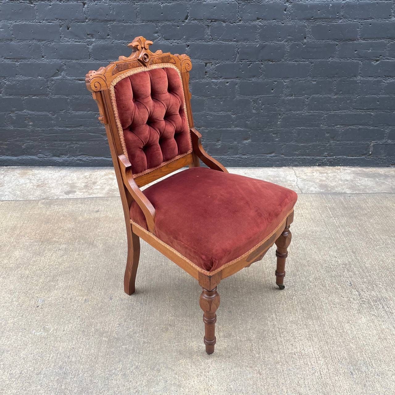 Eastlake American Antique Side Desk Chair with Burgundy Upholstery, c.1930’s