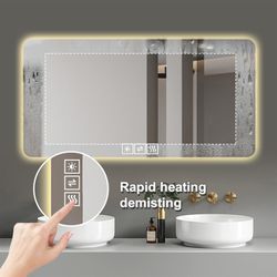 28*60in LED bathroom mirror, corrosion-resistant, three-color dimmable, backlit mirror with one-touch demist function