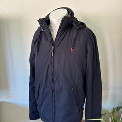 Polo Ralph Lauren Men Jacket XL Blue Fleece Lined Hooded Full Zip Hooded Preppy