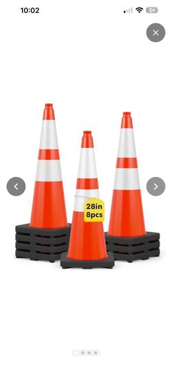 8 Pack 28" Traffic Cones with Weighted Base, Orange Reflective Strip Aids Visibility; Stackable Storage; PVC Resists Pressure and Breakage; For Parkin