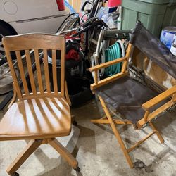 Vintage Wooden Swivel Desk Chair & Foldable Chair 