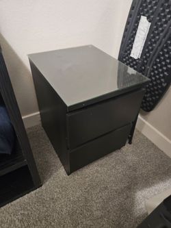Black 2-Drawer Nightstand with Glass Top