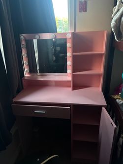 Pink Vanity Desk with Lighted Mirror