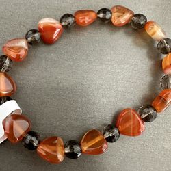 New, Beautiful Carnelian Hearts And Faceted Smoky Quartz Crystal Bracelet. Jewelry Bag Included.