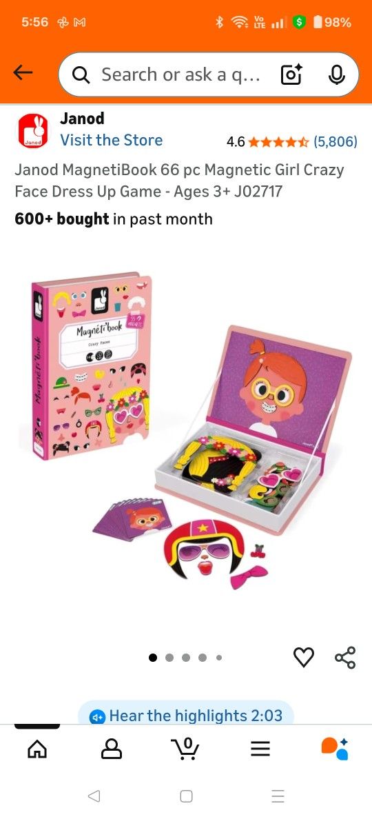 Janod MagnetiBook 66 pc Magnetic Girl Crazy Face Dress Up Game - Ages 3+ J02717