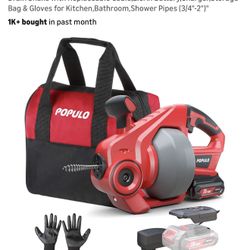 20V Cordless Electric Drain Auger-Efficient 25Ft Auto-Feed Drain Snake with Replaceable Cable,2.0Ah Battery,Charger,Storage Bag & Gloves for Kitchen,B