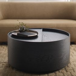 West Elm Round Drum Storage Coffee Table, Volume 36”, Blackened Oak (RETAIL $700)
