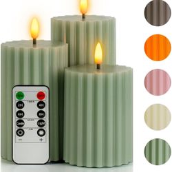 Flameless Pillar Candles Stripe Design with Remote Timer, Green LED Battery Operated Real Wax Candles Warm Light 3D Wick Flickering for Home Wedding C
