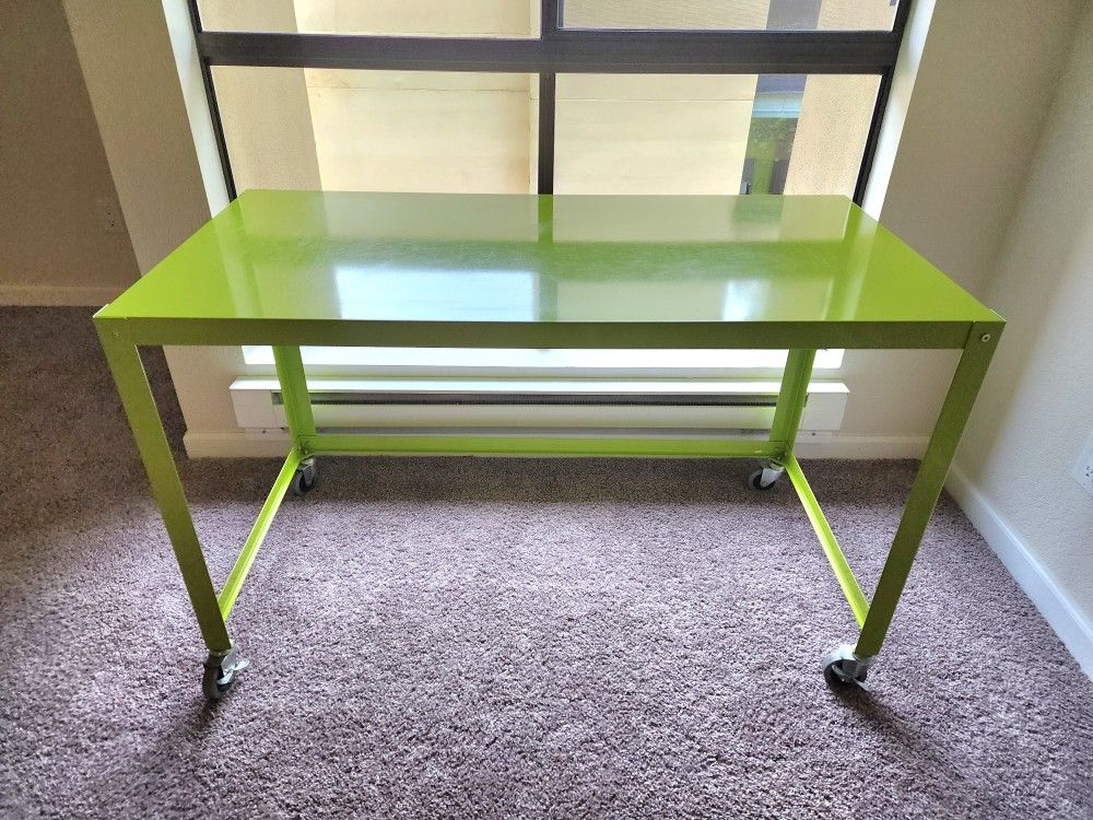 CB2 Go Cart Metal Desk Craft Table Lime Green On Wheels