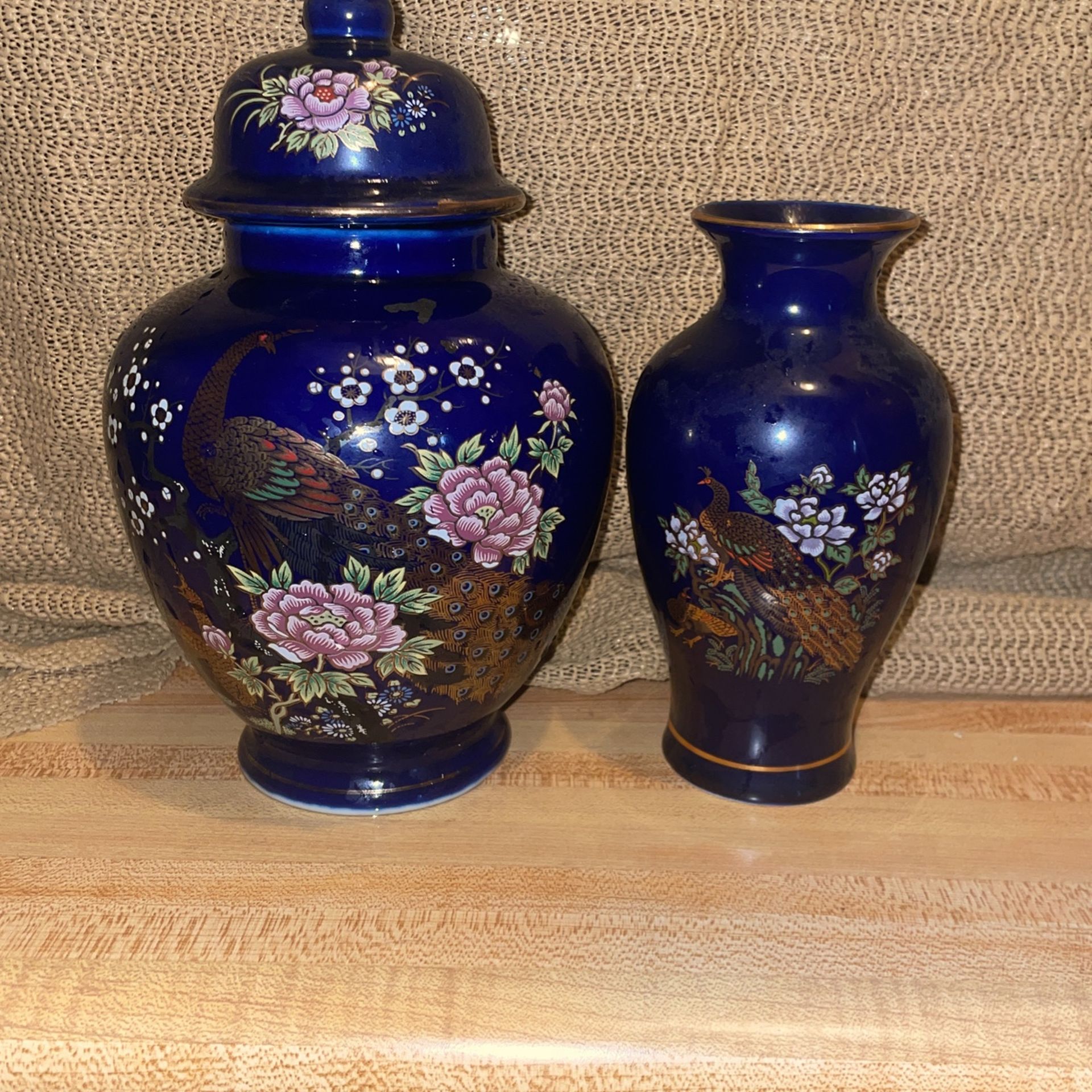 Vintage Japanese Cobalt Blue Peacock Porcelain Lidded Ginger Jar & Small Vase