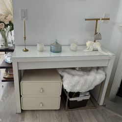 Slim White IKEA Console / Makeup Table with Glass Top