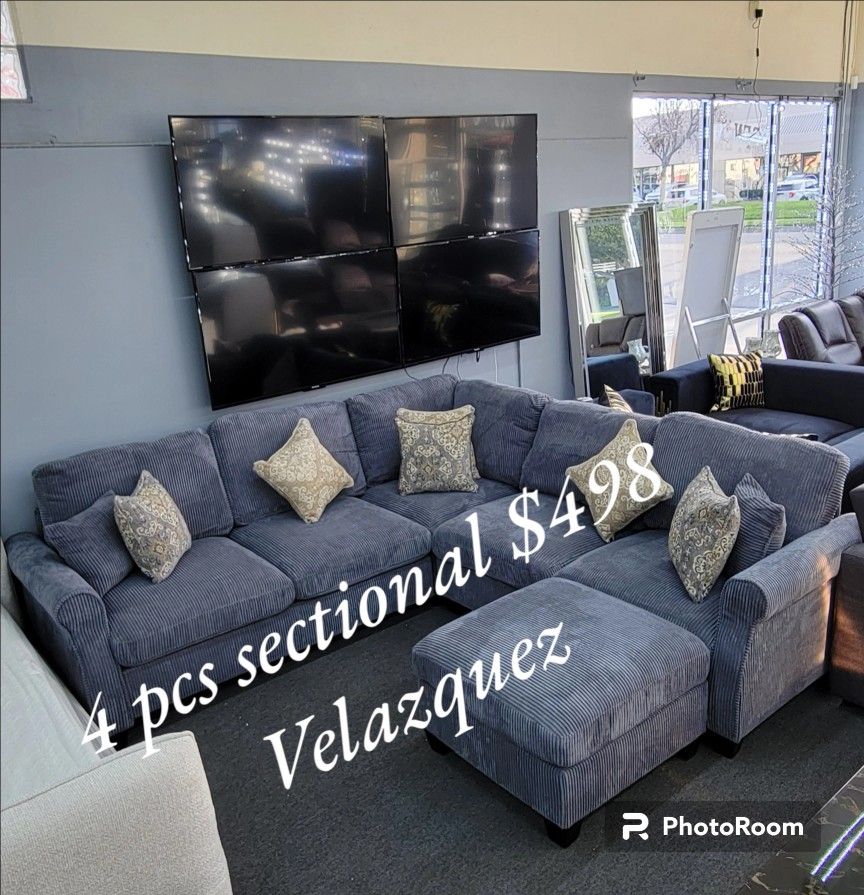 ✅️4 pc dark grey corduroy fabric sectional sofa with rounded arms and ottoman^*^*& *