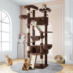 81" Large Cat Tree Tower for Large Cats with Cat Condo Hammock, 2 Scratching Ramps, 6 Scratching Posts, Leopard Print