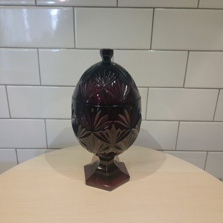 Vintage Cristal D'Arques Durand Luminarc Deep Cut Ruby Red Egg Shaped Candy Dish
