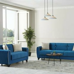 Spring Blue Sleeper Sofa and Loveseat

