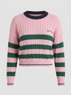 Pink Green Stripe Cable Knit Cropped Sweater