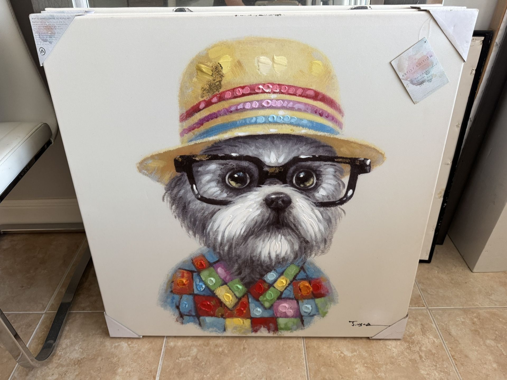 Hand-Embellished Dog Art Canvas – “Hipster Pup” – 28”  - 3 Options 