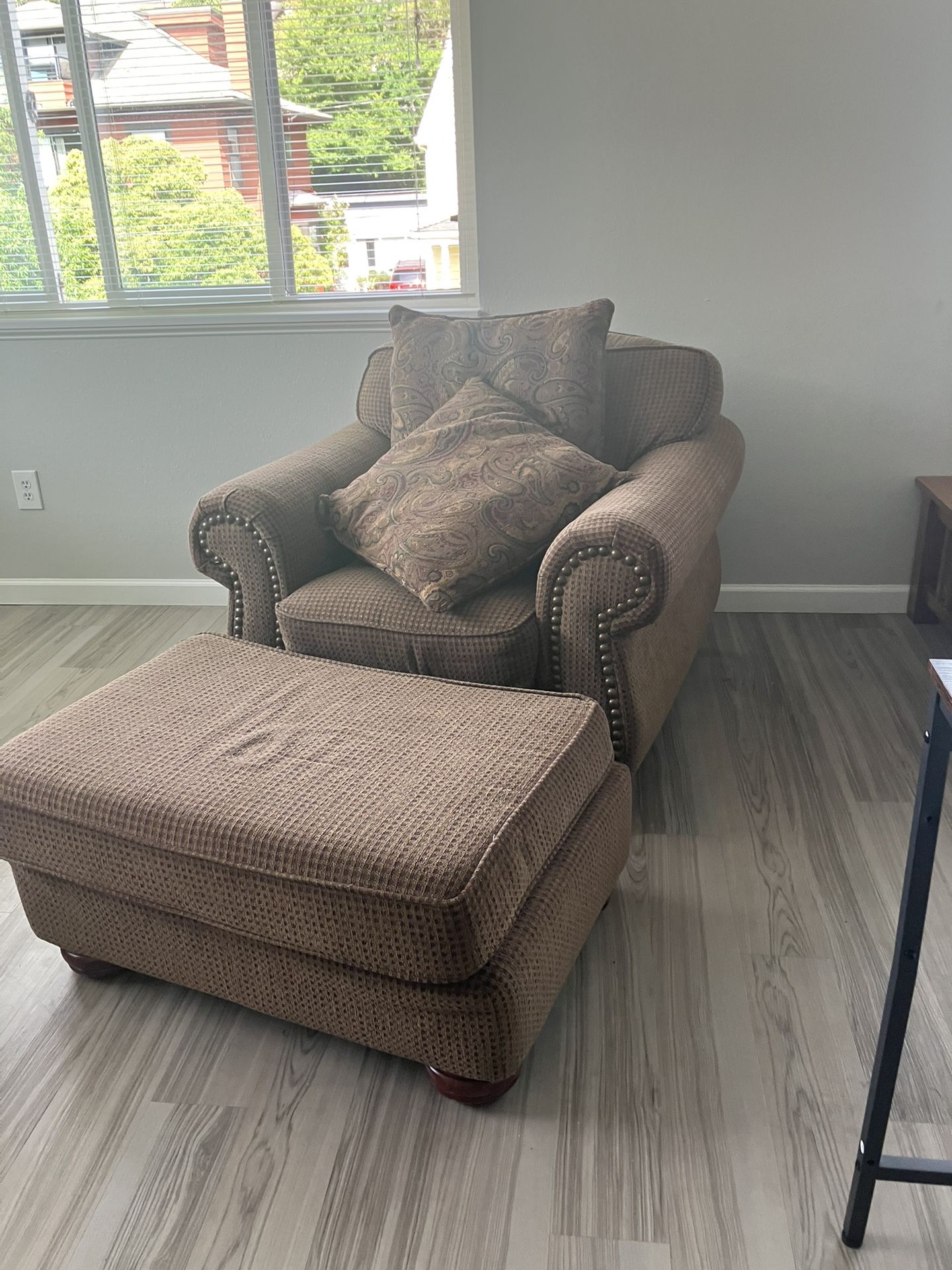 Arm Chair, Ottoman, And Two Matching Pillows