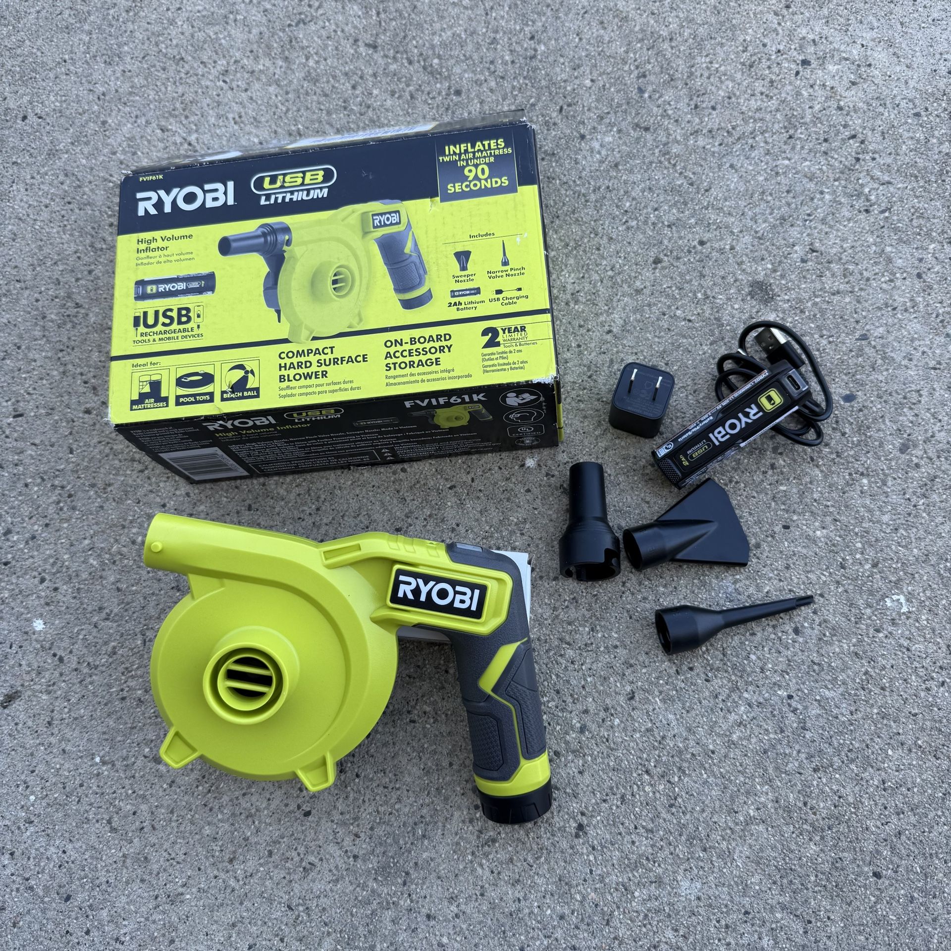 RYOBI USB Lithium Cordless High Volume Inflator Kit with USB Lithium 2.0 Ah Battery and Charging Cable