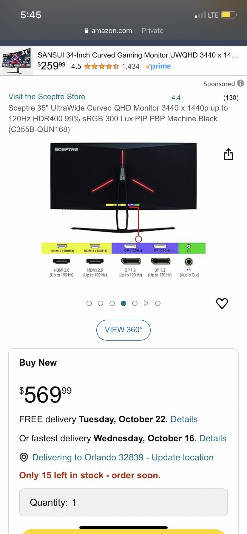 Sceptre 35" UltraWide Curved QHD Monitor 3440 x 1440p up to 120Hz