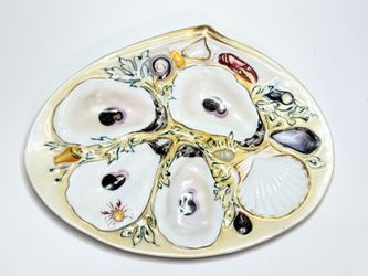Antique UPW handpainted Oyster Plate, Nautical Morbid, French A714