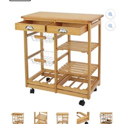 Rolling Wood Kitchen Cart Storage Trolley Cart Rack Countertop, Natural