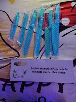 Marco Almond rainbow titanium stainless steel 12 piece knife set cutlery used and home setup.