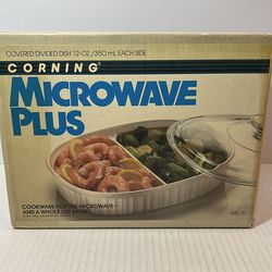 This vintage Corning Microwave Plus item is a 12-ounce covered divided dish, model MC-6