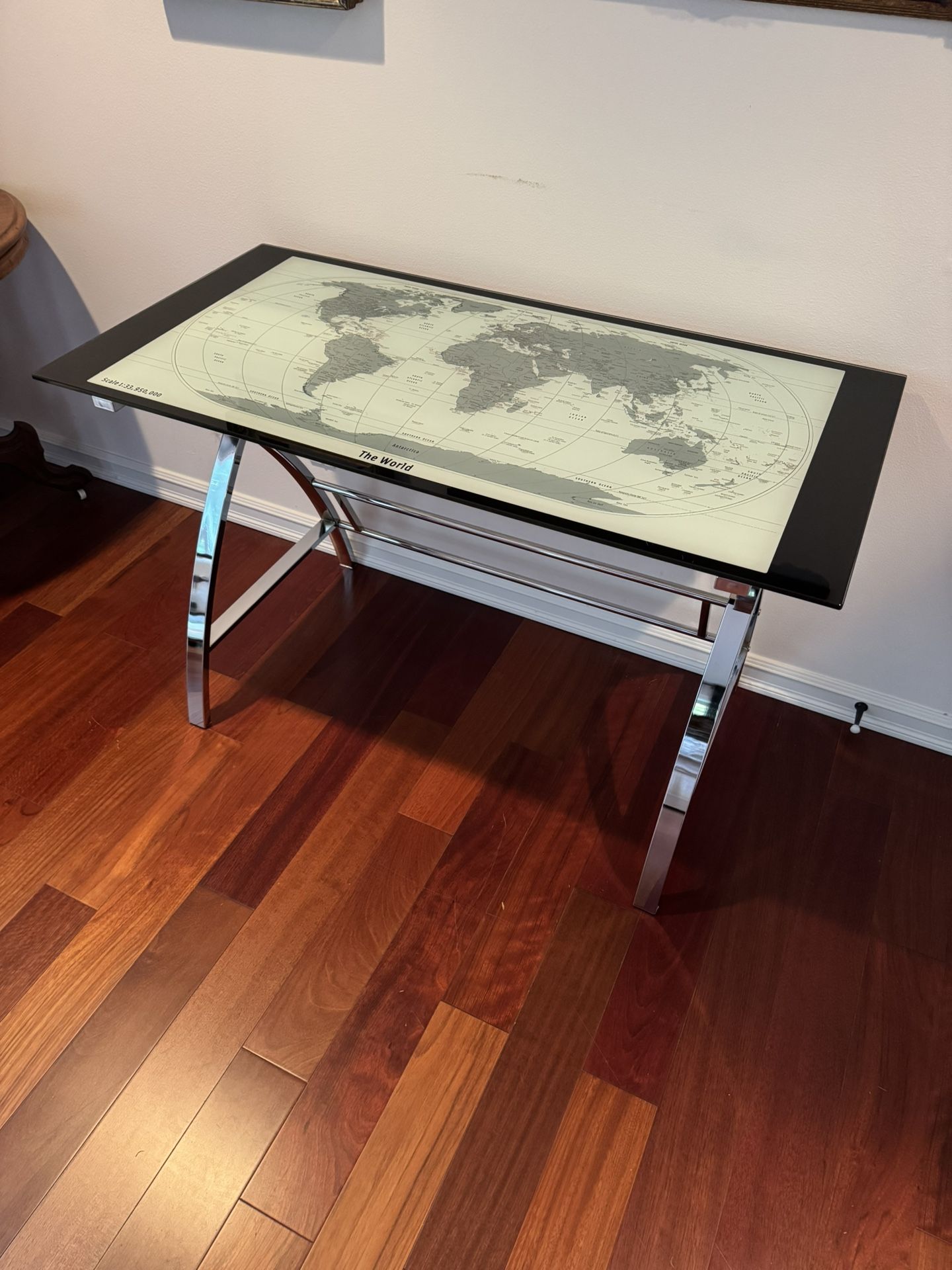 Unique, chrome/glass world map desk