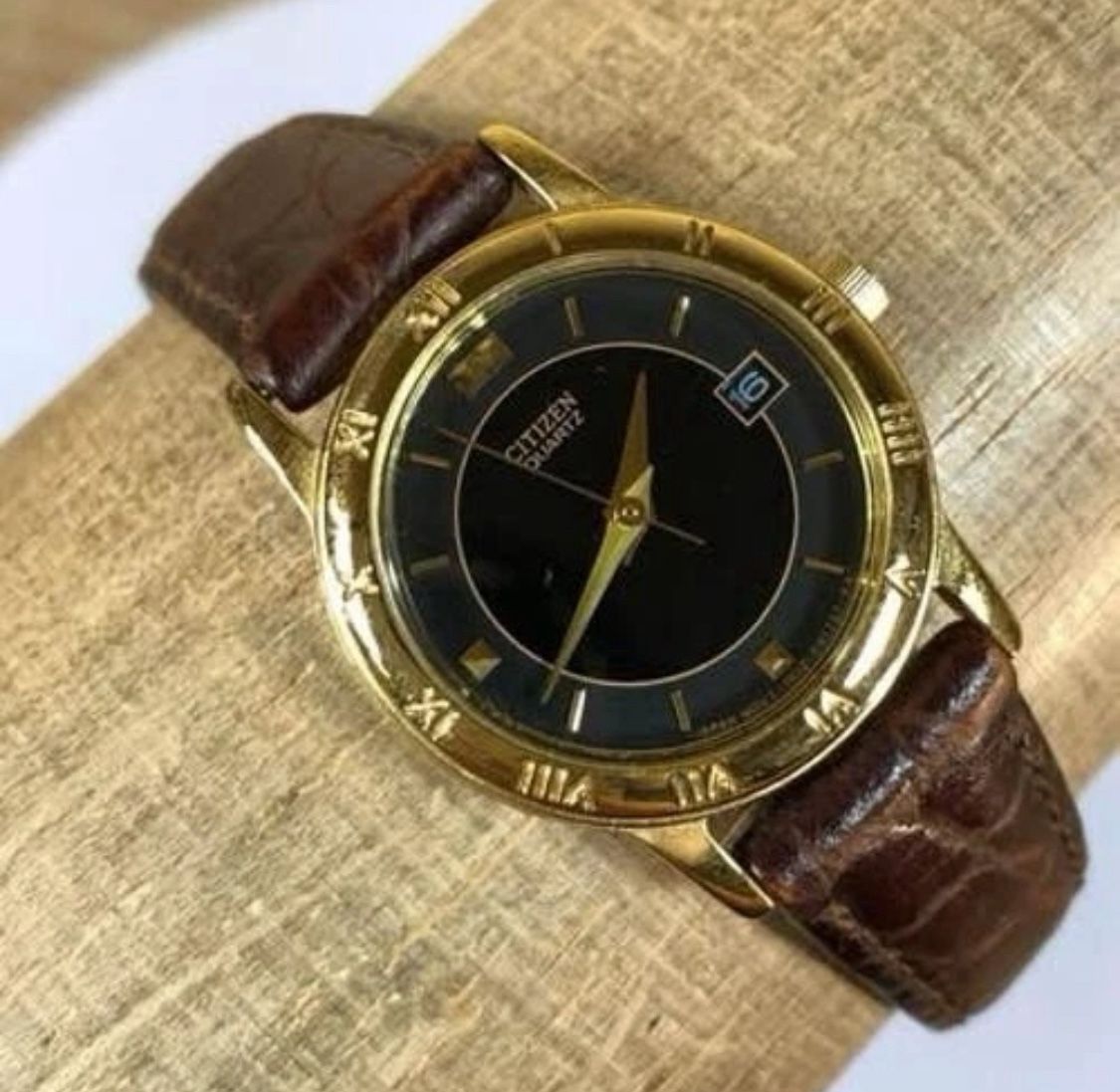 Citizen Quartz Watch – Gold Case Black Dial Leather Strap (Unisex)