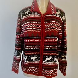 Vtg Tiara Int'l Fair Isle Christmas Theme Zip Up Collared Cardigan Sweater Sz L