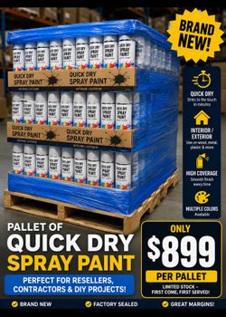 Brand new pallet of white quick dry spray paint 900 plus can most buy whole pallet