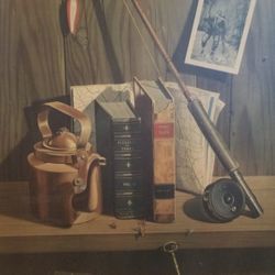 Vintage Large Print of Man Fishing Pole & Books Old Favorites by Ernest A. Land No. 1202 New York 37 X 30 Canada Stamp