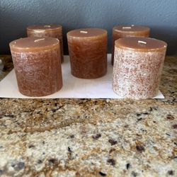 Pottery Barn NWT Set If 5 Brown Timber Pillar Candles 3x3”