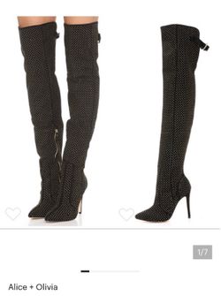 Alice + Olivia Black Over-the-Knee Studded Pointed-Toe Stiletto Boots 6.5