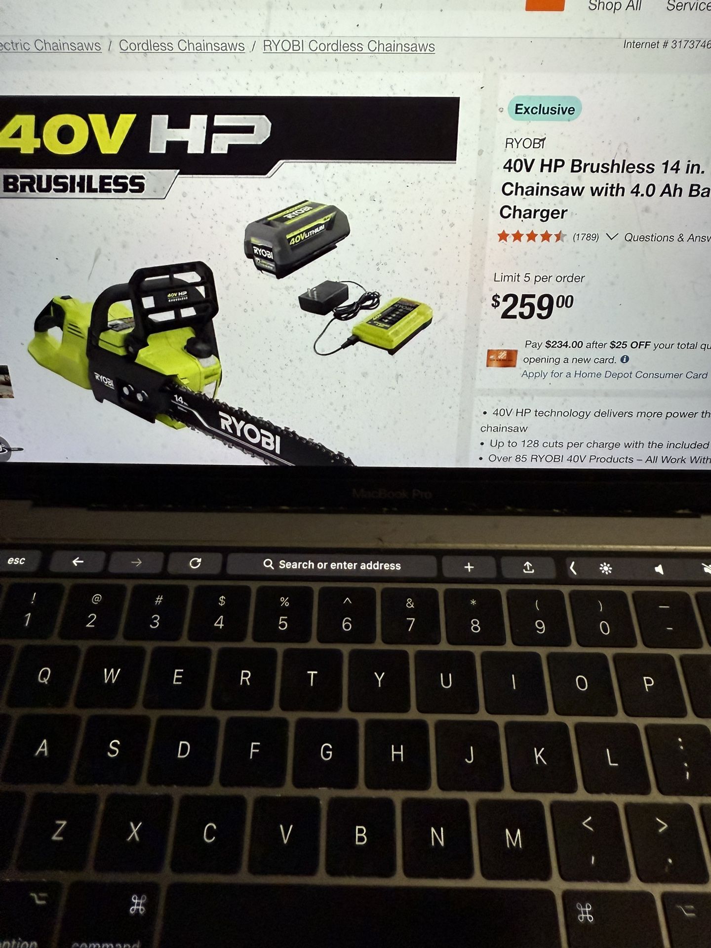 NEW RYOBI 40V HP Brushless 14 in. Battery Chainsaw with 4.0 Ah Battery and Charger $200