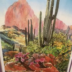 Southwest saguaro cactus desert watercolor artist signed prints. Set of 2! Glass/ wood frames. Large