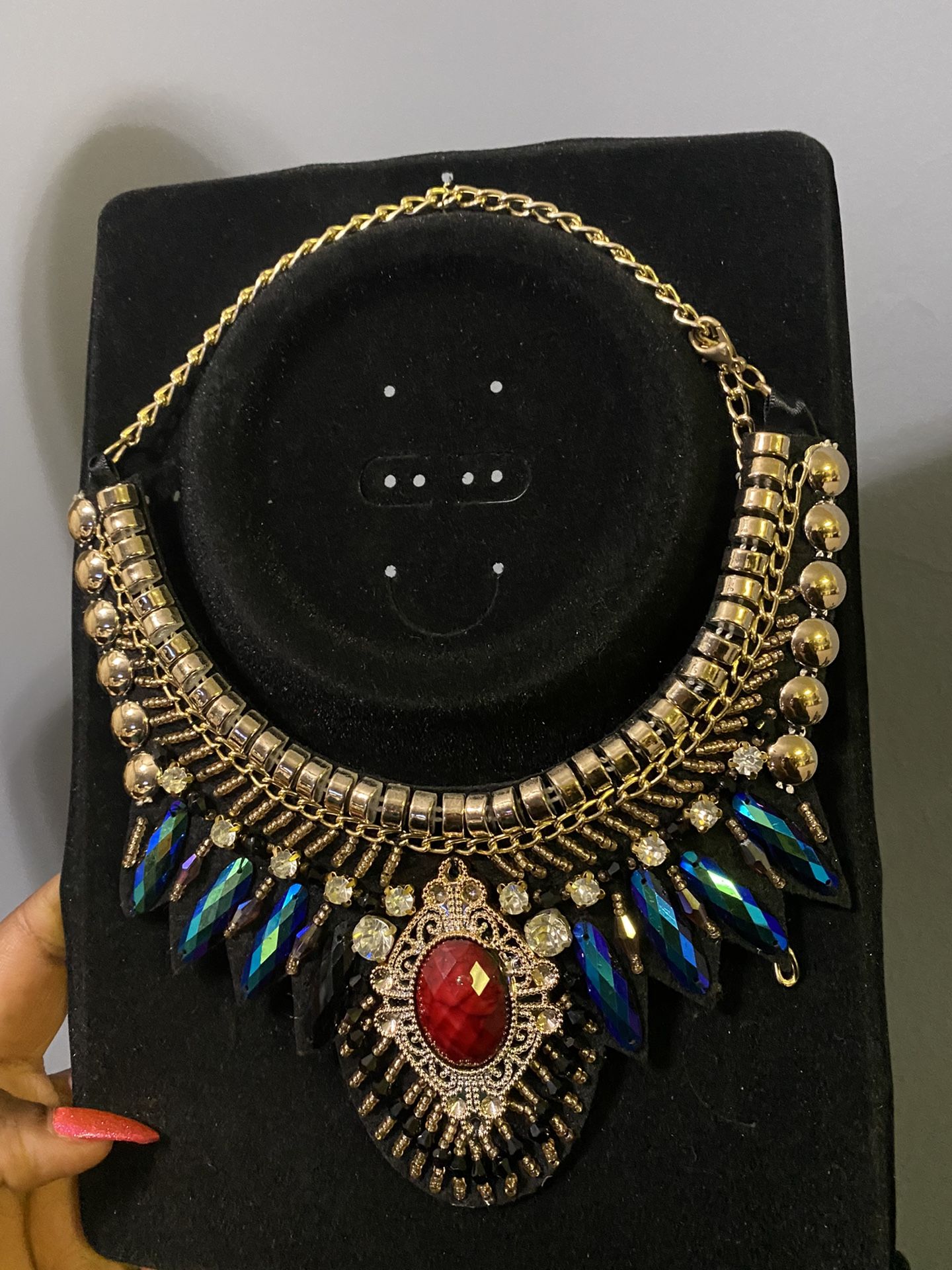 Metallic Blue, Black and Gold Beaded Bib Chain Pendant Necklace